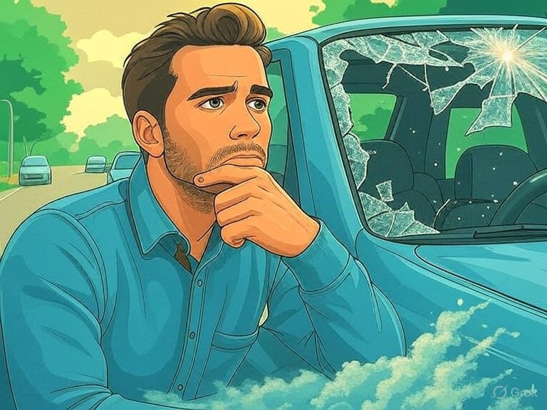 a man sitting in a car with a broken window