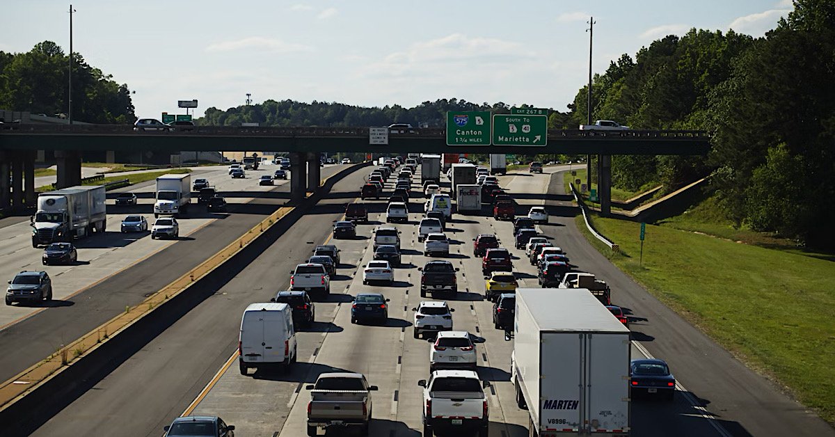 Rush hour traffic on Interstate I-75 northbound near Marietta, Georgia