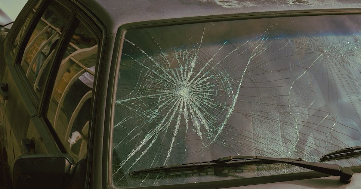 Cracked car windshield showing damage covered by comprehensive car insurance