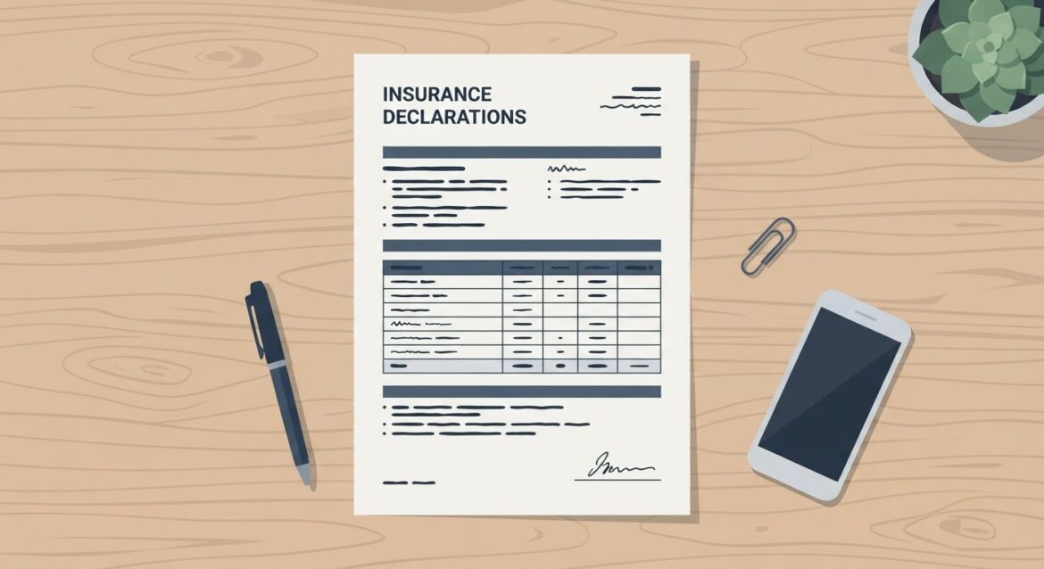 a printed insurance declarations page on a table