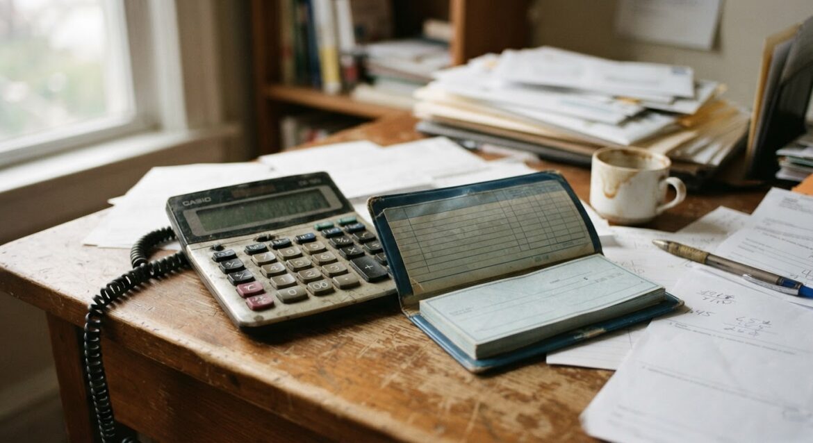a checkbook and calculator on a desk