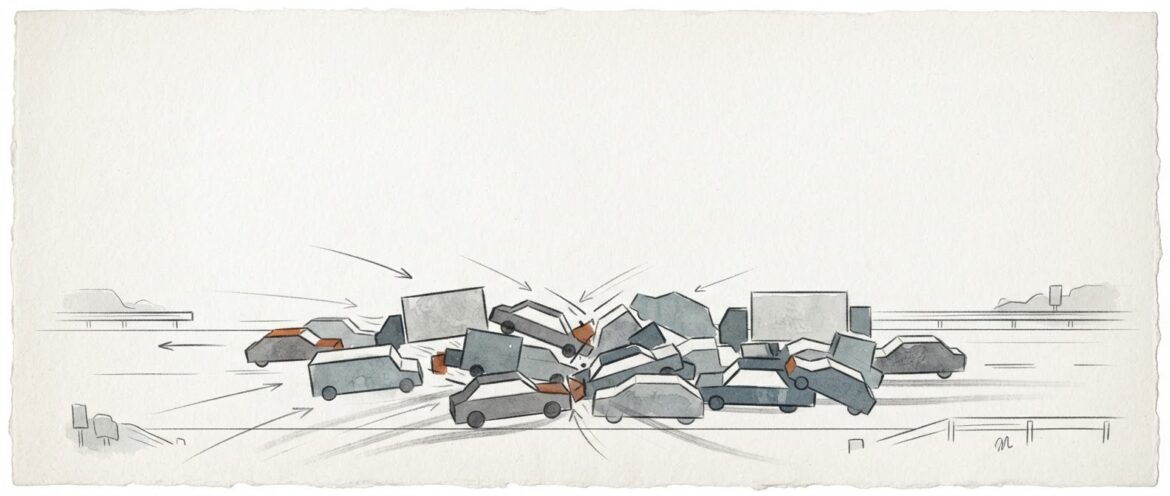 a multi-car pileup diagram sketch on paper