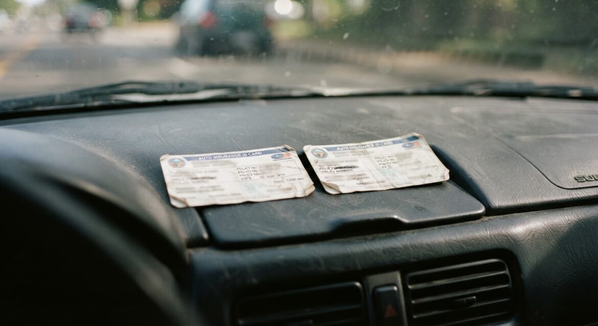 two car insurance cards side by side on a dashboard