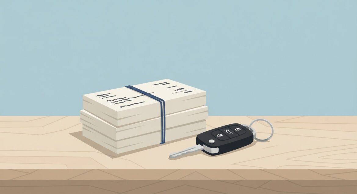 a stack of medical bills next to a car key on a table